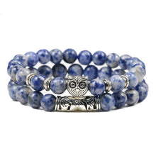 Load image into Gallery viewer, Classic Men Natural Stone Bracelets Fashion Sliver Owl Head Gray Blue Bead Bracelet