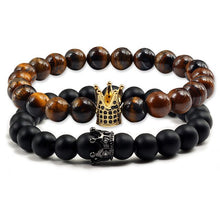 Load image into Gallery viewer, Natural Stone Tiger Eye Bracelet Luxury King Queen Crown Men Beads bangle Distance couple bracelets
