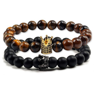 Natural Stone Tiger Eye Bracelet Luxury King Queen Crown Men Beads bangle Distance couple bracelets