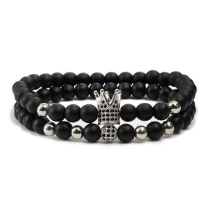 2pcs/set Matte Oxyn Stone Beads Bracelet Men Sliver Crown Bracelet