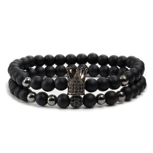 2pcs/set Matte Oxyn Stone Beads Bracelet Men Sliver Crown Bracelet