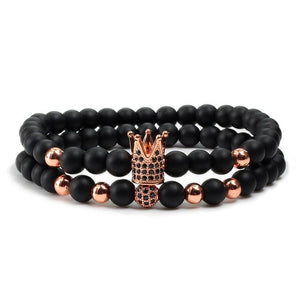 2pcs/set Matte Oxyn Stone Beads Bracelet Men Sliver Crown Bracelet