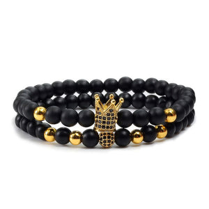 2pcs/set Matte Oxyn Stone Beads Bracelet Men Sliver Crown Bracelet