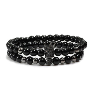 2pcs/set Matte Oxyn Stone Beads Bracelet Men Sliver Crown Bracelet