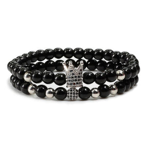 2pcs/set Matte Oxyn Stone Beads Bracelet Men Sliver Crown Bracelet