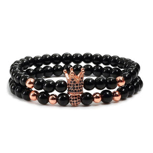 2pcs/set Matte Oxyn Stone Beads Bracelet Men Sliver Crown Bracelet