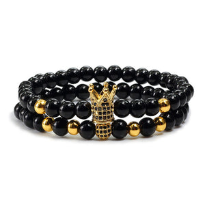 2pcs/set Matte Oxyn Stone Beads Bracelet Men Sliver Crown Bracelet