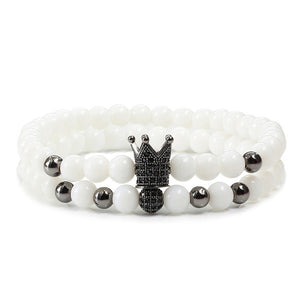 2pcs/set Matte Oxyn Stone Beads Bracelet Men Sliver Crown Bracelet