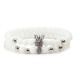 2pcs/set Matte Oxyn Stone Beads Bracelet Men Sliver Crown Bracelet