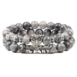 Classic Men Natural Stone Bracelets Fashion Sliver Owl Head Gray Blue Bead Bracelet
