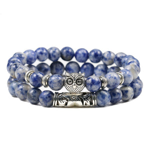 Classic Men Natural Stone Bracelets Fashion Sliver Owl Head Gray Blue Bead Bracelet